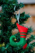 Suspensions Décoration Noël Botte Lutin Vert Feutrine Rembourrées Broderie 