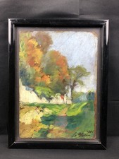 Huile sur panneau - Paysage en bordure de mur - Signé et daté "1906"