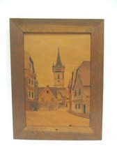 Ancien tableau marqueté, paysage en marqueterie Alsacien signé 