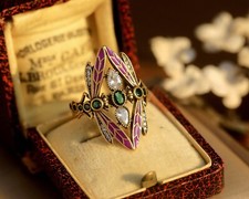 Bague Doré Antique Réglable Art Nouveau Libellule Email Violet CZ Vert SB51