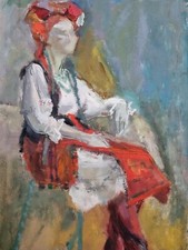 Dessin femme en costume folklorique, style impressionniste, XXe, 65 x 50 cm