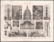 1870 Gravure originale construction architecture verre dôme Paris Lyon Londres