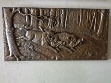 Plaque De Bronze Scène De Chasse, Sangliers,  44 X 22 Cm. Vintage, Déco