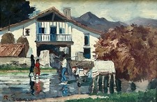 Tableau Ferme Pays Basque près Ciboure la Rhune Huile Panneau de Robert LESGUES