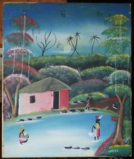 grand tableau haïtien signé Oreste: villageoises au bord de la lagune
