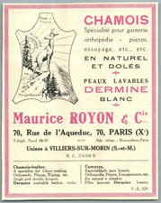 MAURICE ROYON PEAU CHAMOIS POUR GANTS PIANO VILLIERS /MORIN (77) PUBLICITE 1928