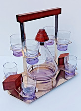 Service à liqueur Art Déco 1920 complet carafe, 8 verres, support métal argenté