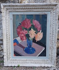 Ancien tableau BOUQUET de FLEURS et son VASE peinture florale maurice MELAT
