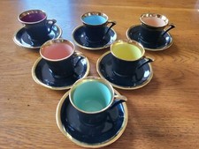 6 Tasses Café Noir Or Couleurs Assorties Porcelaine Porcelac FRANCE + Coupelles
