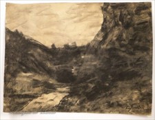 Fusain Paysage rivière Jura par Auguste Pointelin 19e
