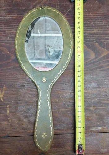 Ancien miroir face main - main, cuir