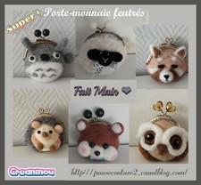 Porte monnaie feutré au choix animaux laine cardée fermoir fantaisie Fait-Main