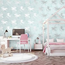 Papier Peint Enfant Licornes 90950 Teal/Argent Holden Points Métalliques