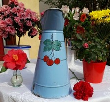 Antique french enameled pitcher hand painted cherries blue 1920 jar jug pot