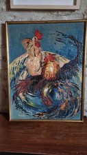 Tableau Peinture Le Combat de Coq signé Nabor 1964 sur Panneau de bois