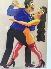 TABLEAU PEINTURE GOUACHE COUPLE DANSE TANGO COQUIN CHAUD SUD AMÉRIQUE VINTAGE 96