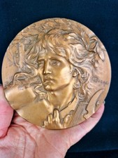 Grande Médaille Ancienne Orphée signée LUCIEN COUDRAY 11cm Bronze Art Nouveau 