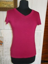 Tee shirt top viscose rose fushia stretch ANATOPIK 42/44 m. courte brodé fanions