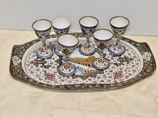 ANTIQUE HAND PAINT DECORATED ENAMEL TRAY AND LIQUOR GLASSES CA. 1900
