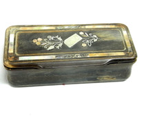 🇫🇷 ANCIENNE TABATIÈRE BOITE A TABAC BOIS INCRUSTATIONS NACRE ARGENT