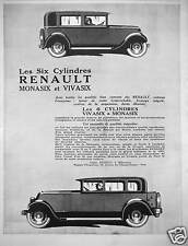 PUBLICITÉ 1928 LES 6 CYLINDRES RENAULT MONASIX ET VIVASIX VOITURES FRANÇAISE