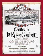 75/129 Etiquette Label CÔTES DE BOURG 1989 CHÂTEAU LA ROSE COUBET, J. P MIGNE