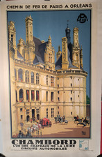 Affiche ancienne originale chemin de fer château Loire Chambord 1932 entoilée