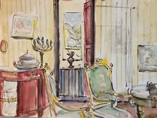 Belle Peinture 1950  Papier Aquarelle Intérieur Bourgeois Maison Art Salon