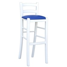 Tabouret En Bois Blanc Laqué Avec Assise En Similicuir Bleu H 80 Cm