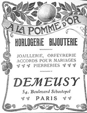 PARIS HORLOGERIE BIJOUTERIE DEMEUSY " A LA POMME D' OR " PETITE PUBLICITE 1904