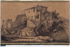 Château Au Bord Du Lac Suisse Tyrol Autriche Dessin Sepia 1805