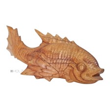 Poisson Sculpté En Bois De Teck Carpe Koi Ancien 31Cm