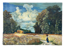 Ancien Tableau HST Paysage Animé - "Les Moissons"