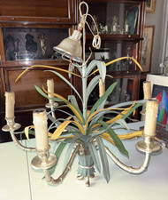 Maison BAGUES Lustre en bronze doré, laiton et tôle verte et jaune à 6 bras