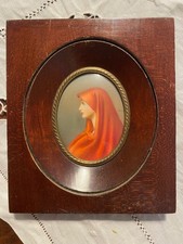 Portrait miniature XIXème – femme au voile rouge, huile, école française, signé