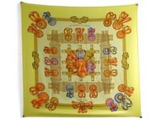 FOULARD HERMES LES RUBANS DU CHEVAL METZ CARRE 90 EN SOIE JAUNE SILK SCARF 530€