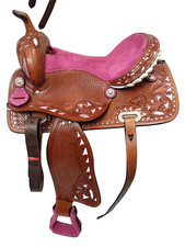 Selle de cheval en cuir Western Barrel en daim rose avec ensemble d'attaches ...