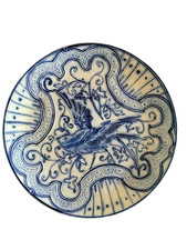 assiette décorative en céramique décor d'oiseau gris bleu signé A  à identifier