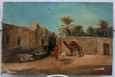 GRANDE TOILE ORIENTALISTE XIXe...A RESTAURER...PAYSAGE ANIMÉ EN ALGÉRIE, SIGNÉ ?