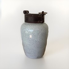 Pot tabac Ancien Chine Émail Craquelé Gris Céladon Céramique Métal Artisanal