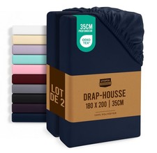 Lot de 2 Drap Housse - Bleu Marine, 180 x 200 cm - Coupes de 35 cm pour Matel...