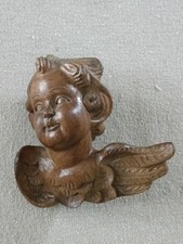 Sculpture, Tête d'Ange en Bois sculptée en applique , Ancienne 