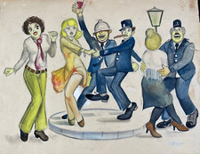 Grand tableau 1973 France bal populaire fête danse gendarmes & policiers signé