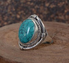 Naturel Bleu Turquoise Gemme Fait à la Main Bague 925 Argent Sterling Ethnique