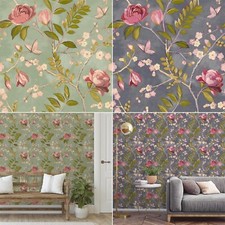 Papier Peint Floral Grandeco Lola Papillons Feuilles - Vert Charbon