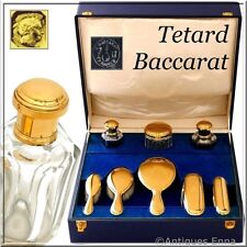 Tetard French 18k Gold Sterling Silver Baccarat Crystal Travel Vanity Set, Case