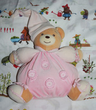 DOUDOU KALOO OURS  BOULE LILIROSE BONNET ROSE FLEUR  GRELOT 25 CM