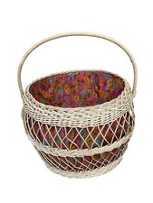 ANCIEN PANIER EN OSIER TRICOT LAINE BLANC TISSU TABLEAU DE FLEUR TRAVAILLEUSE