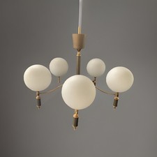 Lustre 5 Feux Laiton Doré Et Globe Opaline 50’s DLG Maison Lunel