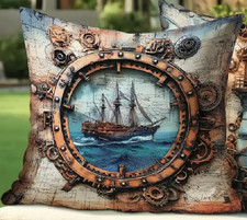 Housse de coussin 40×40 cm – Le Hublot du voyage – Steampunk marine